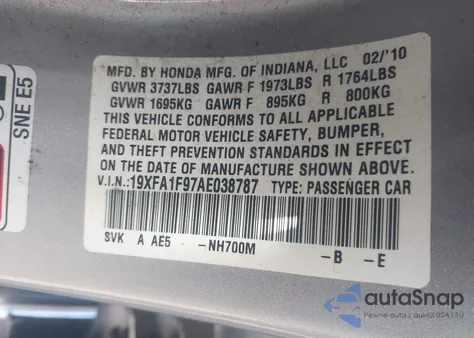 2010 Honda Civic Ex-L z USA, uszkodzony, nr VIN 19XFA1F97AE038787